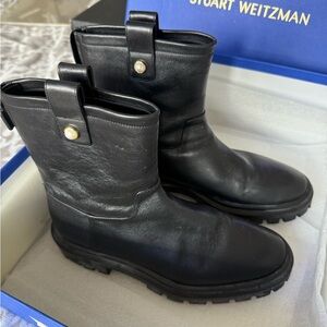 Stuart Weitzman Black Leather Boots with Gold-Tone Pearl Accent